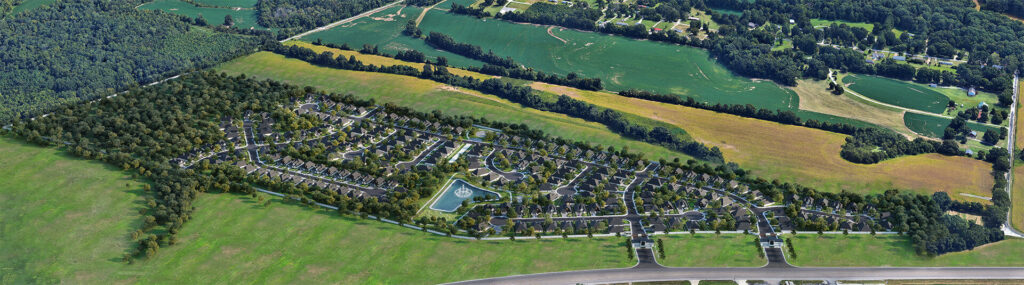 Aerial view of The Summit BTR community in Jackson, TN with visible treeline